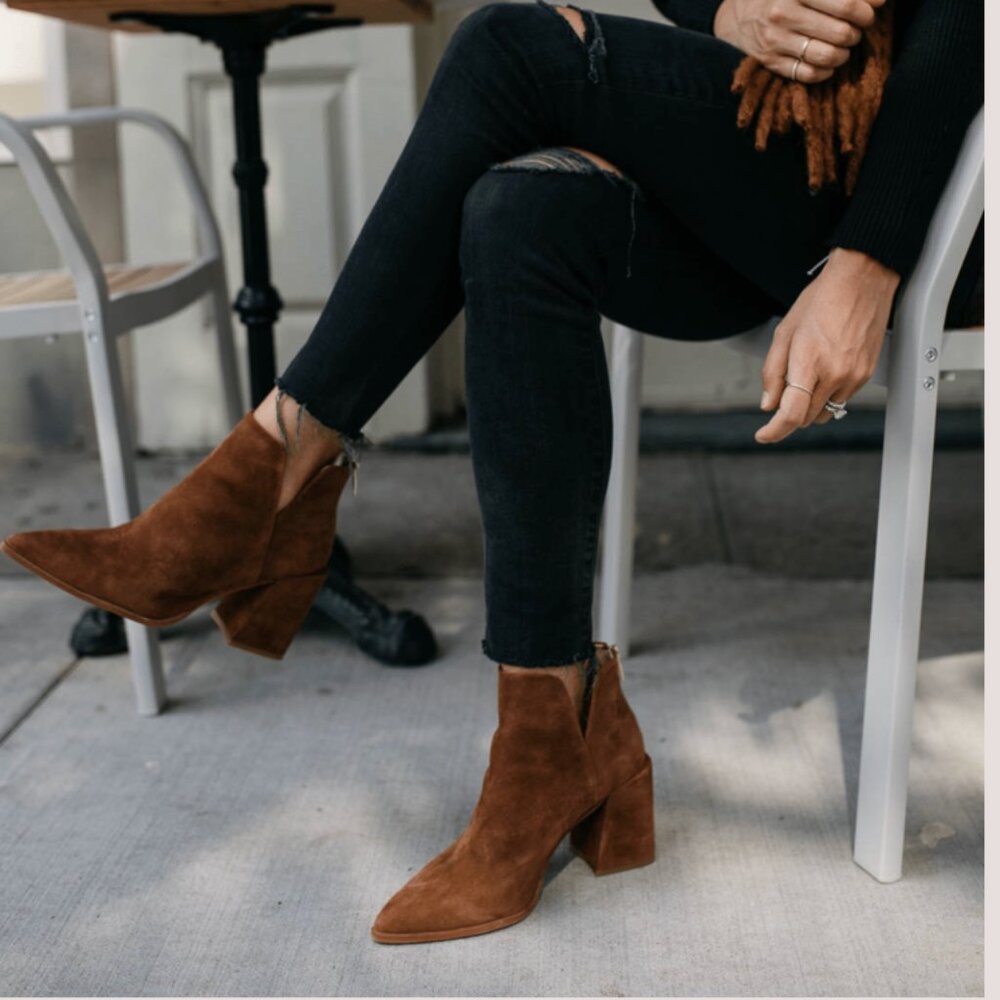 Vince Camuto X Styled Snapshots Brown Suede Jestama Ankle Bootie
